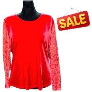 71. TOO HOT | Red Velour Long Sleeve lace top - see measurements